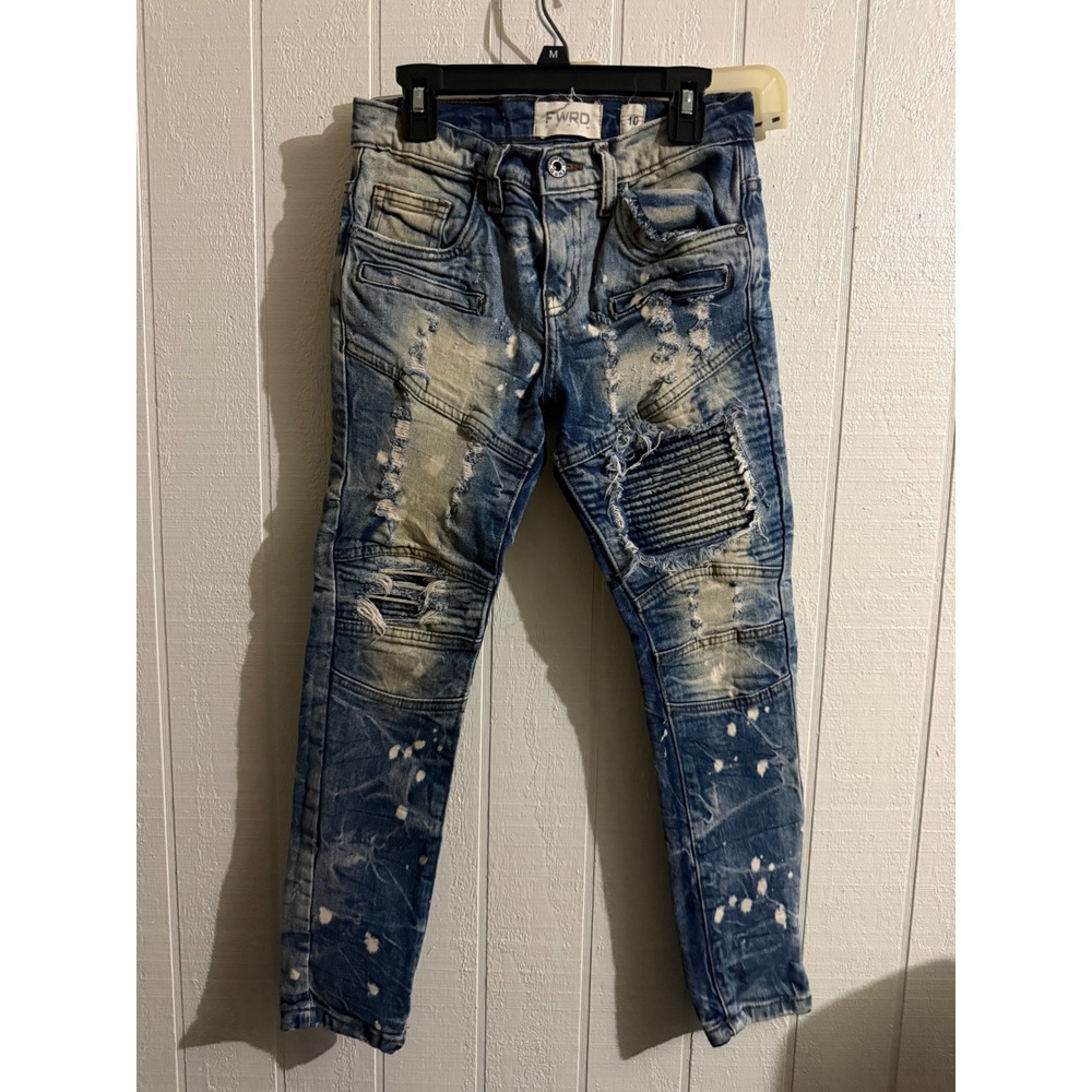 FWRD Denim Boys Distressed Biker Moto Jeans Blue Paint Splatter Size 10